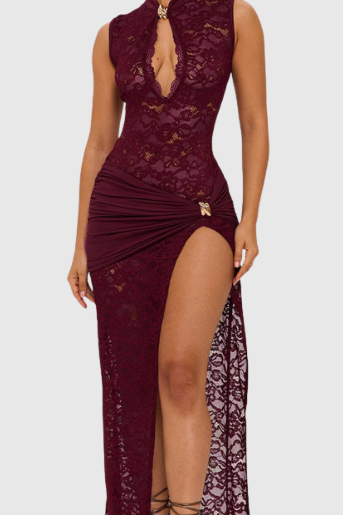 Pakana Lace Cutout Split Maxi Dress - Wine