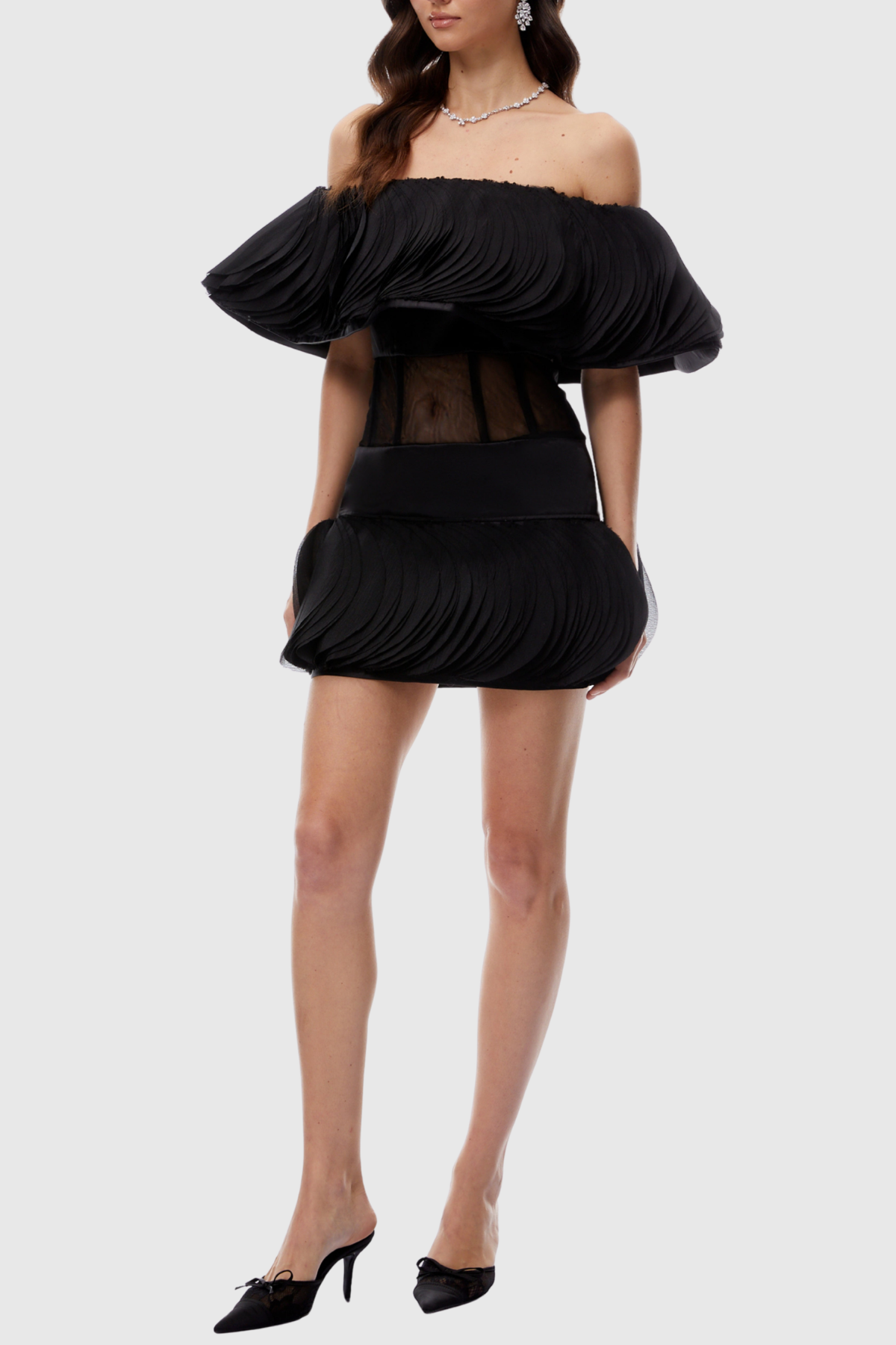 Pallas Off Shoulder Layered Ruffled Mini Dress - Black