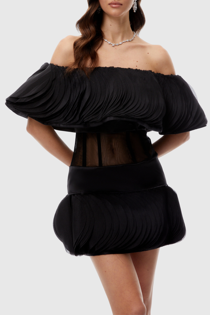 Pallas Off Shoulder Layered Ruffled Mini Dress - Black