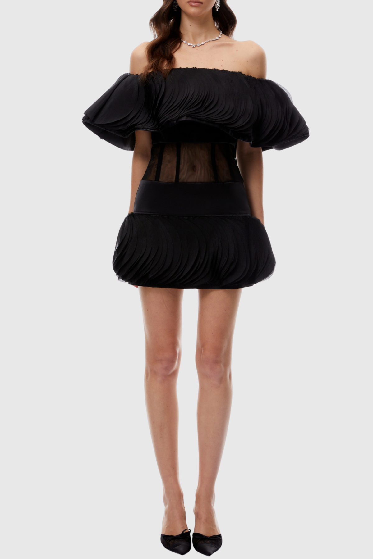 Pallas Off Shoulder Layered Ruffled Mini Dress - Black