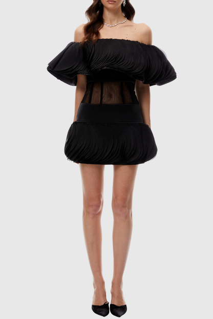 Pallas Off Shoulder Layered Ruffled Mini Dress - Black