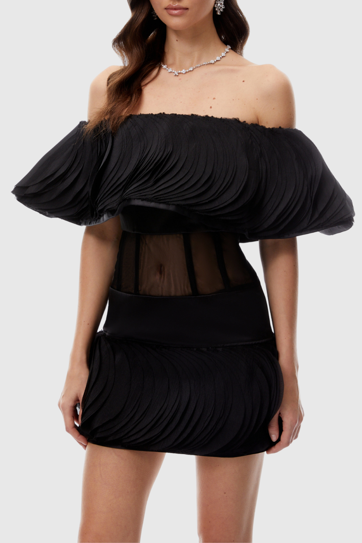 Pallas Off Shoulder Layered Ruffled Mini Dress - Black
