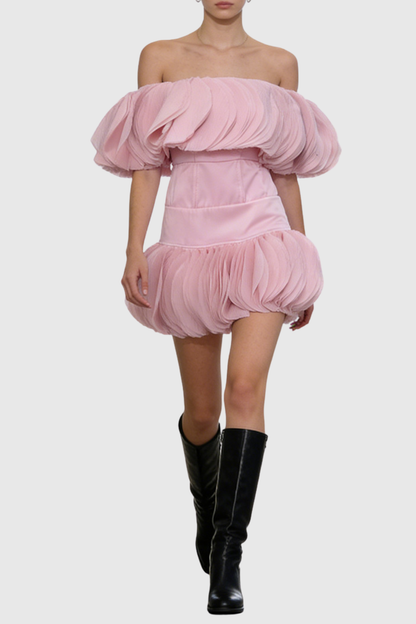 Pallas Off Shoulder Layered Ruffled Mini Dress - Pink