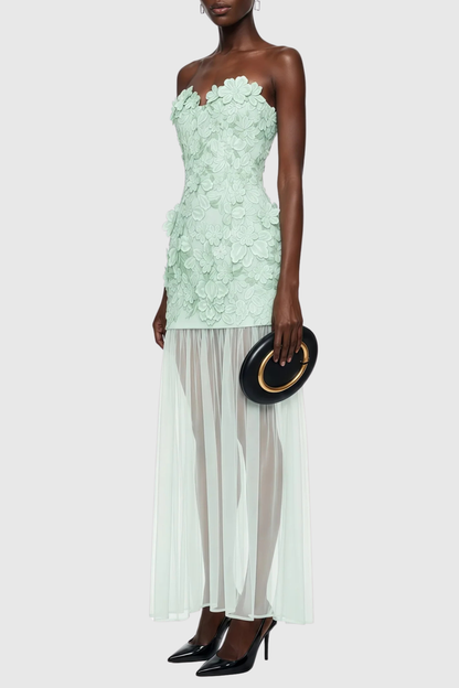 Pansya Floral Embroidery Strapless Maxi Dress - Mint