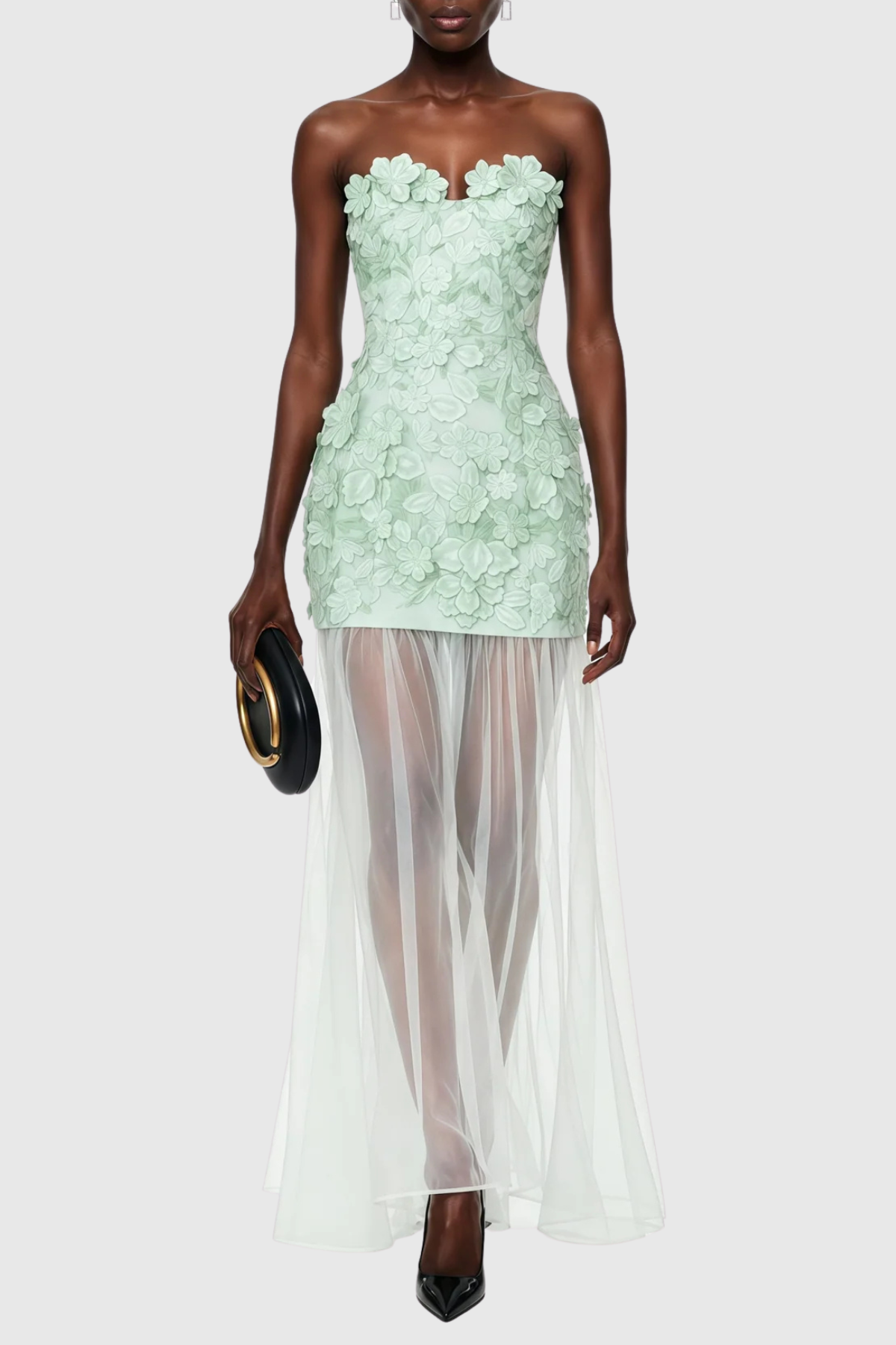 Pansya Floral Embroidery Strapless Maxi Dress - Mint
