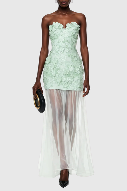 Pansya Floral Embroidery Strapless Maxi Dress - Mint