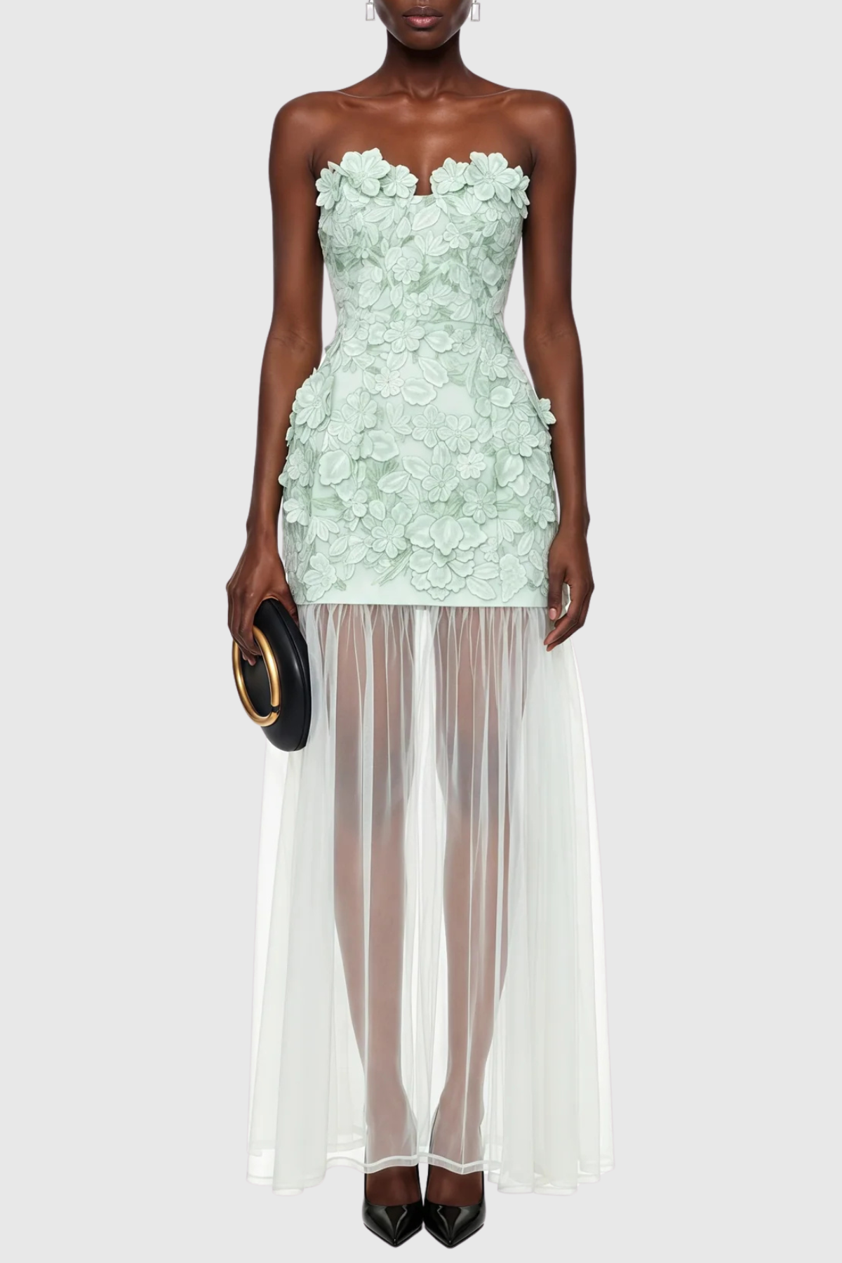 Pansya Floral Embroidery Strapless Maxi Dress - Mint