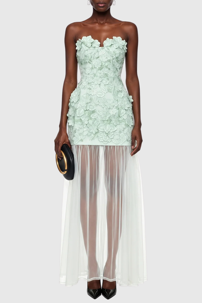 Pansya Floral Embroidery Strapless Maxi Dress - Mint