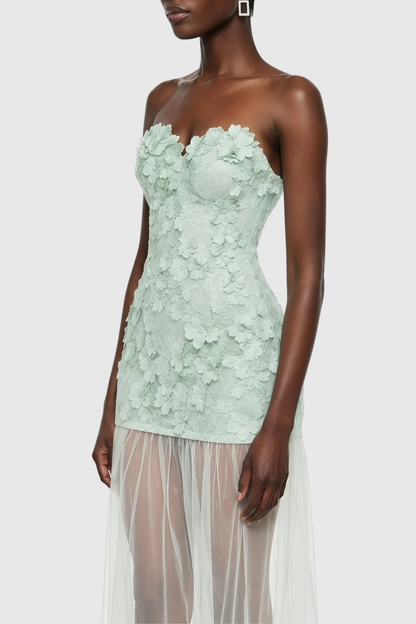 Pansya Floral Embroidery Strapless Maxi Dress - Mint