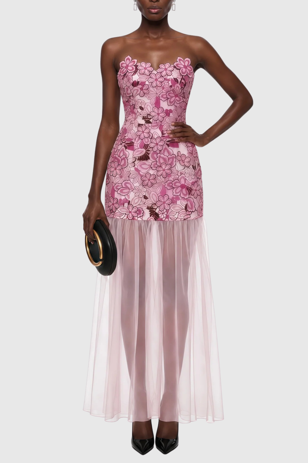 Pansya Floral Embroidery Strapless Maxi Dress - Pink