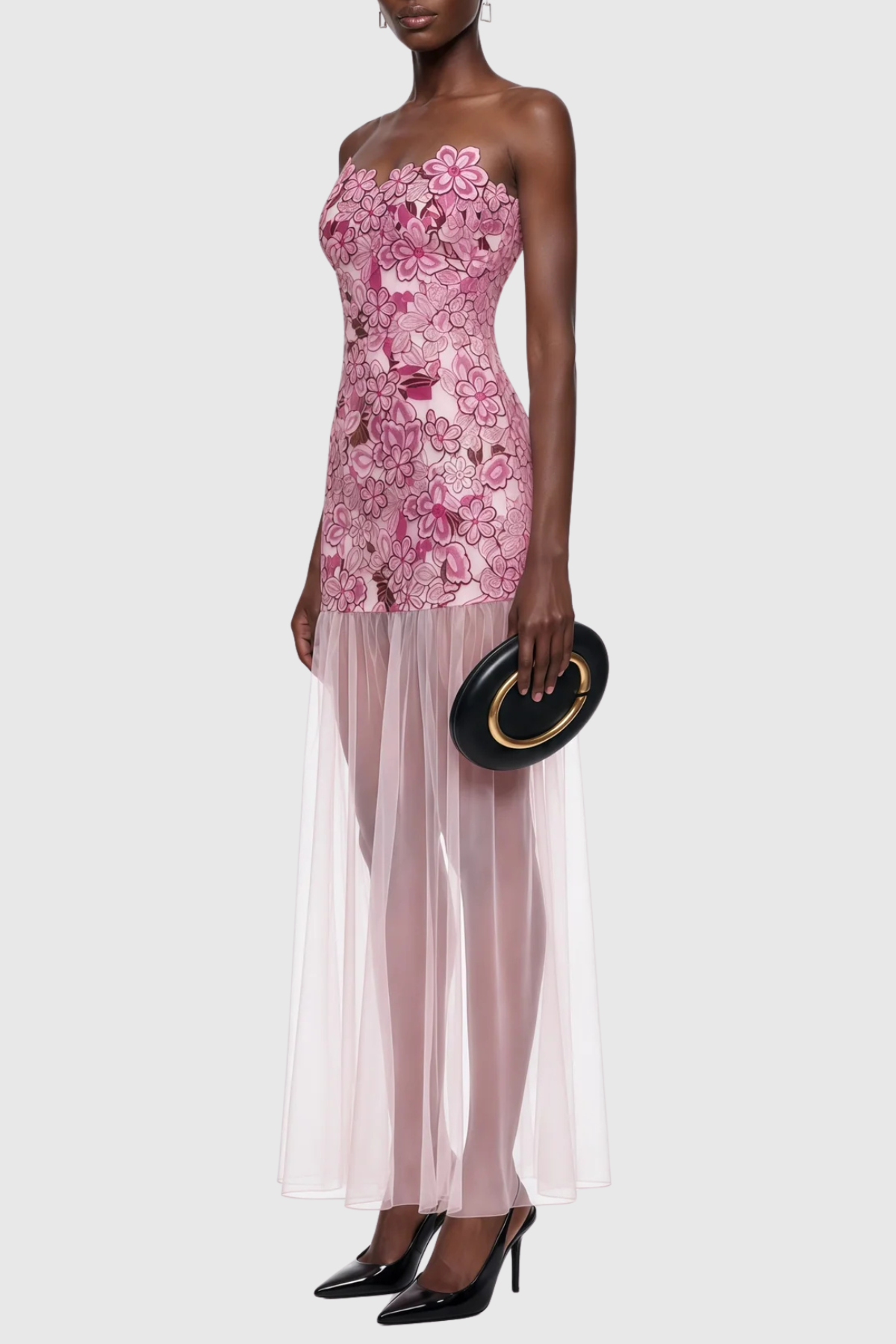 Pansya Floral Embroidery Strapless Maxi Dress - Pink