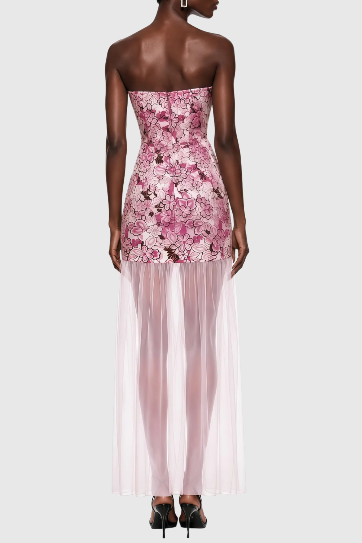 Pansya Floral Embroidery Strapless Maxi Dress - Pink