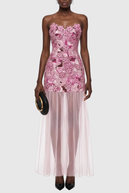 Pansya Floral Embroidery Strapless Maxi Dress - Pink