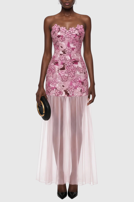 Pansya Floral Embroidery Strapless Maxi Dress - Pink