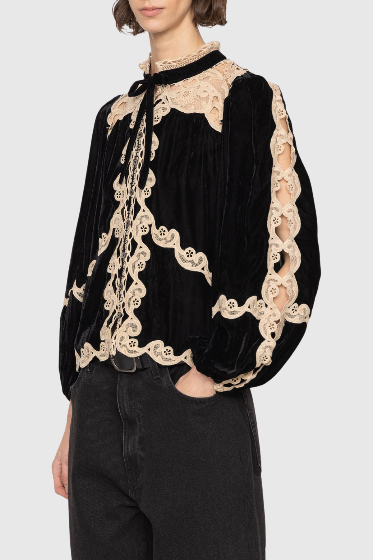 Pasca Lace-trimmed Velvet Blouse