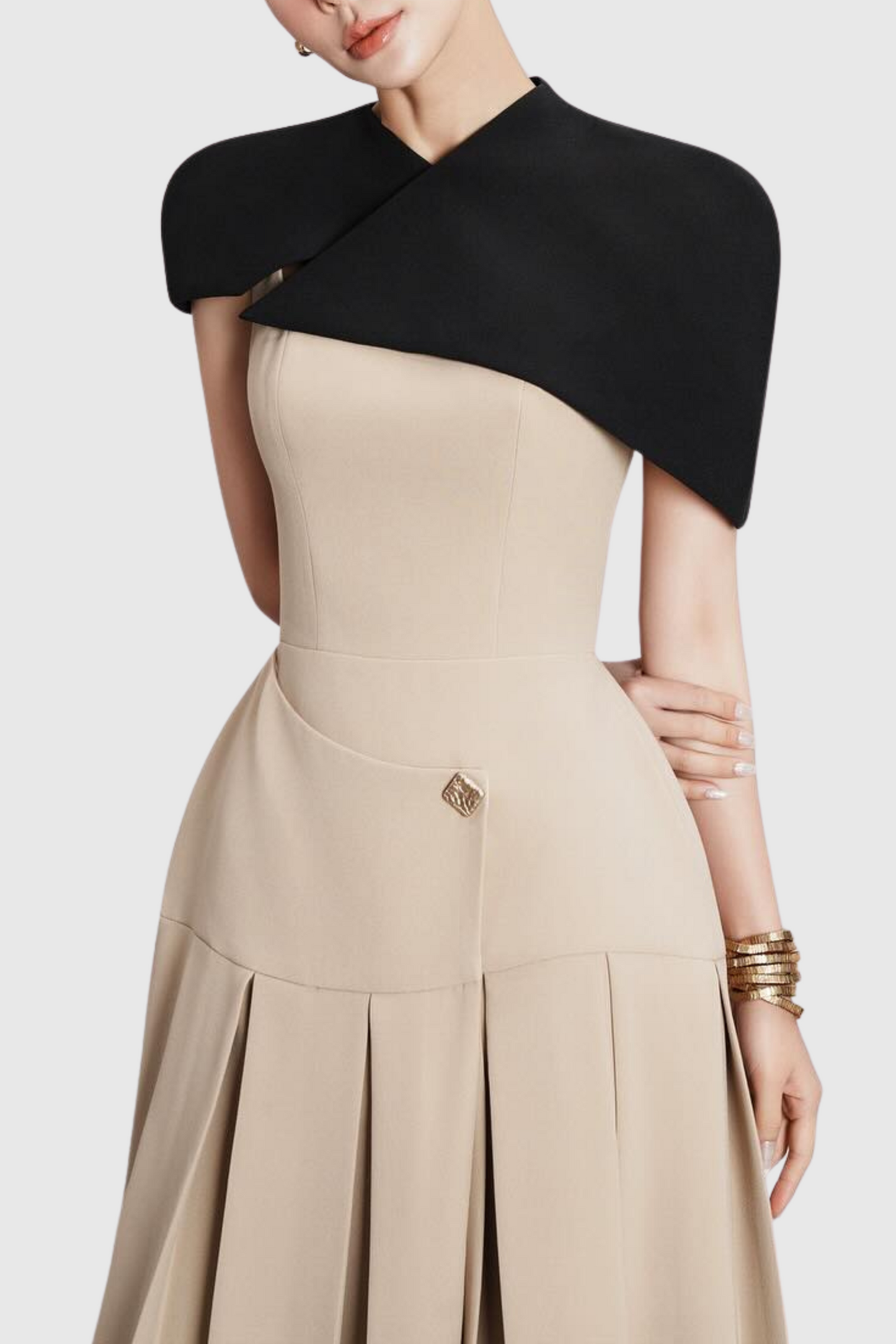 Pasha Cape Asymmetrical Pleated Midi Dress