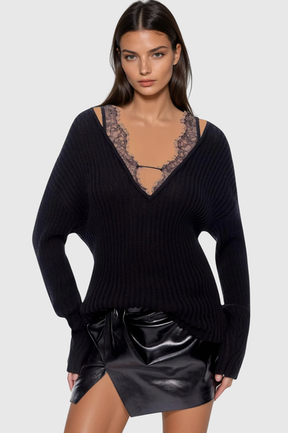 Pedye Lace Deconstruct Knit Top - Black