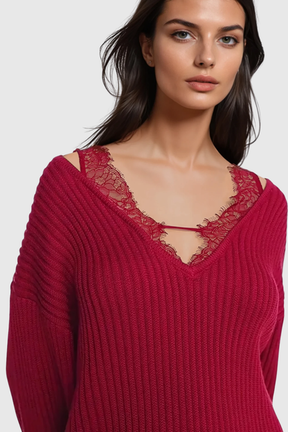 Pedye Lace Deconstruct Knit Top - Red