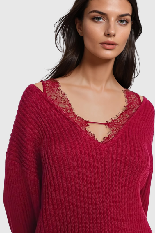 Pedye Lace Deconstruct Knit Top - Red