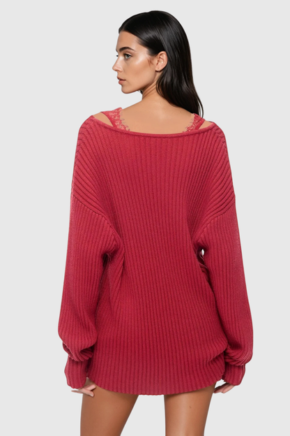 Pedye Lace Deconstruct Knit Top - Red
