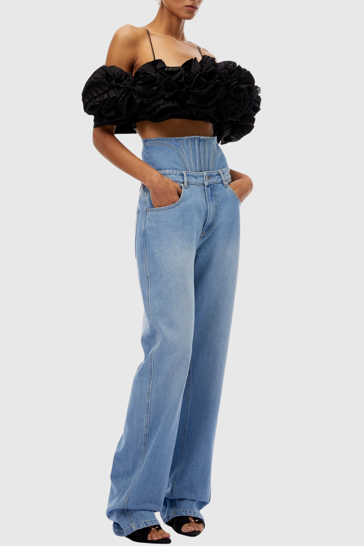 Phebe Floral Appliqué Cropped Top - Black
