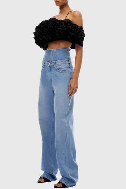 Phebe Floral Appliqué Cropped Top - Black