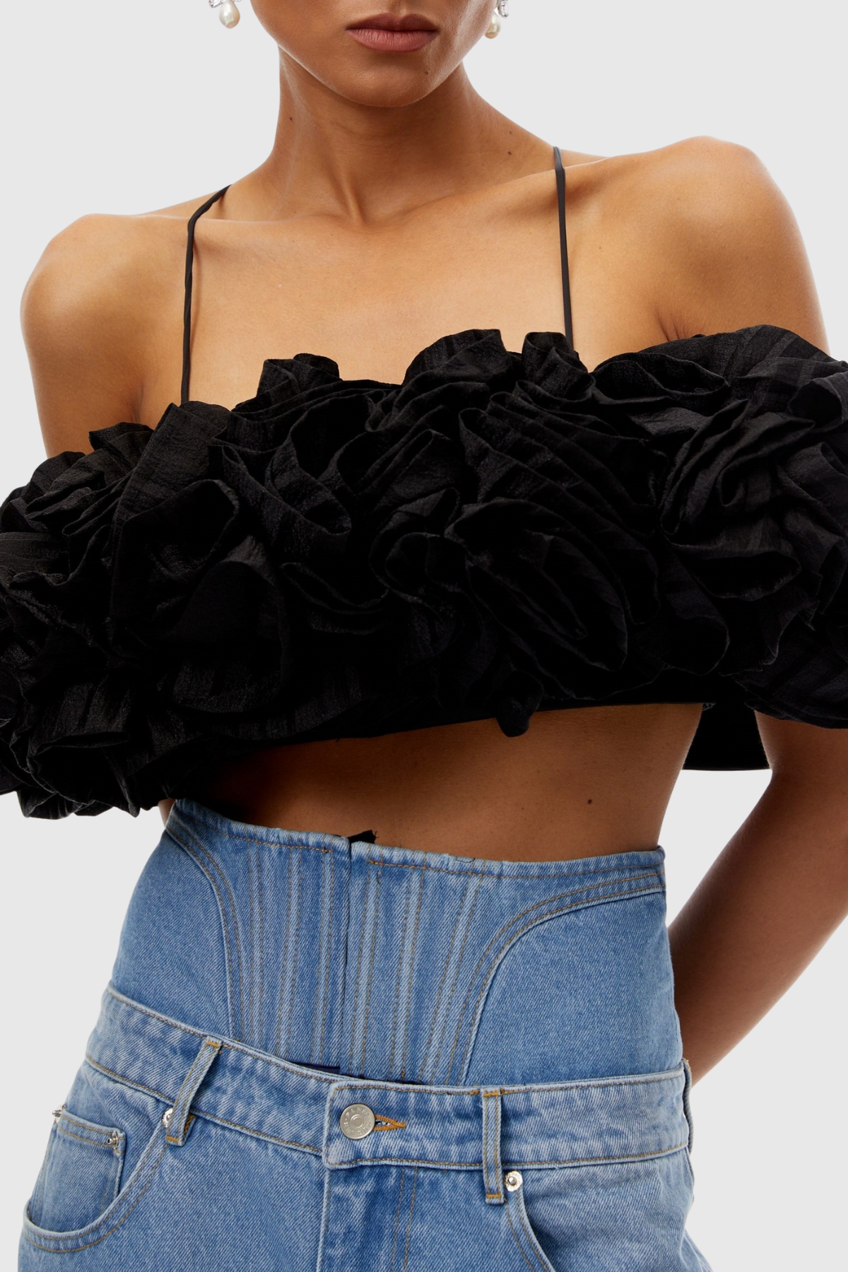 Phebe Floral Appliqué Cropped Top - Black