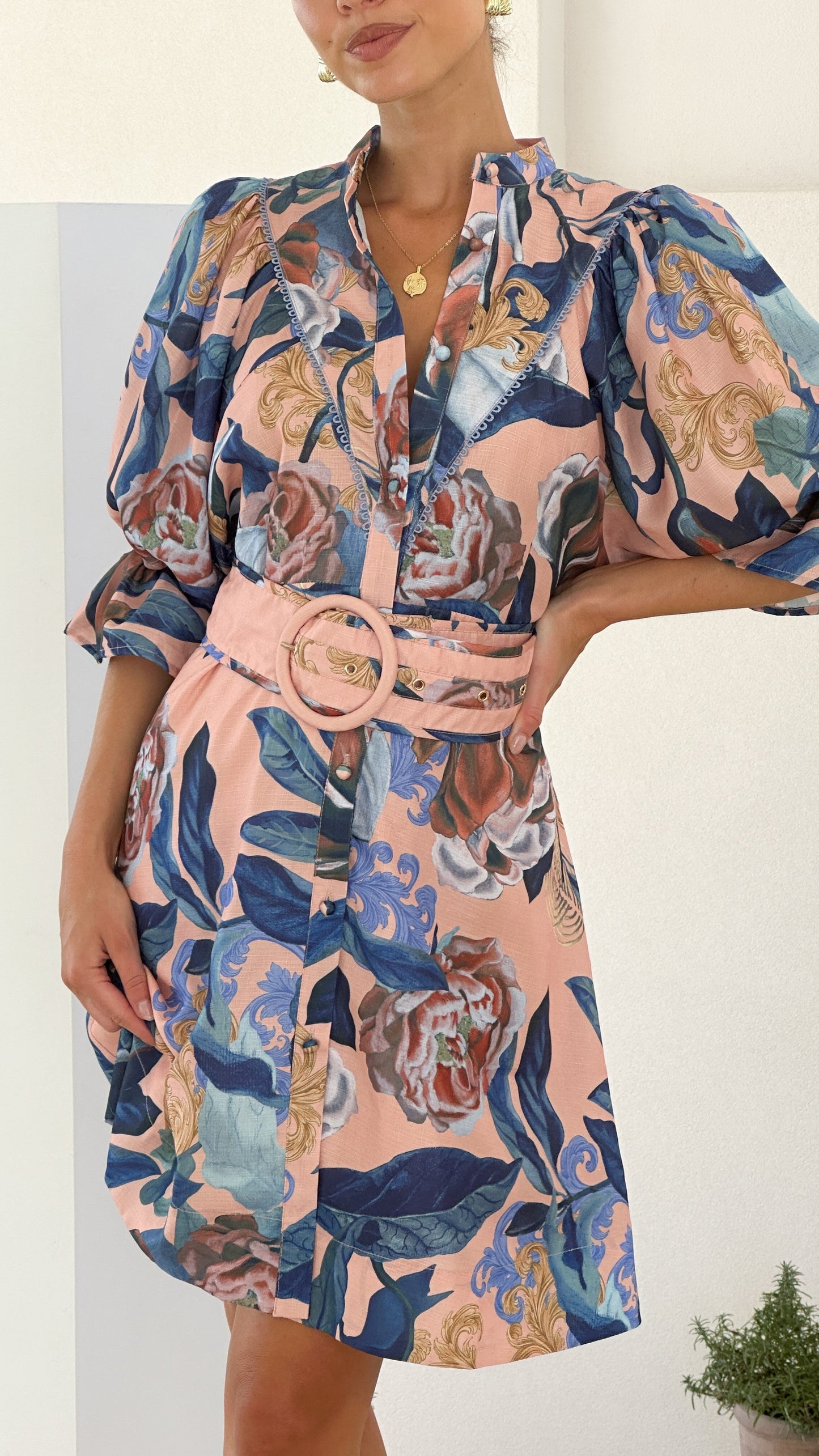 Floral print linen lace long sleeve mini dress - gray / blue