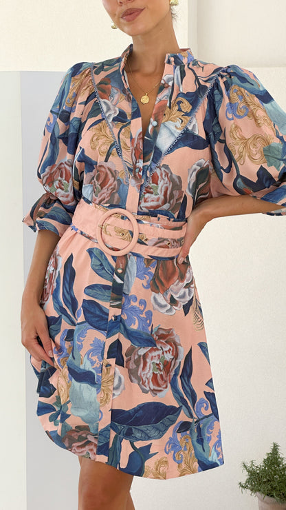 Floral print linen lace long sleeve mini dress - gray / blue