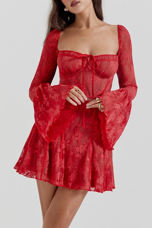 Piarra Lace Flared Mini Dress - Red