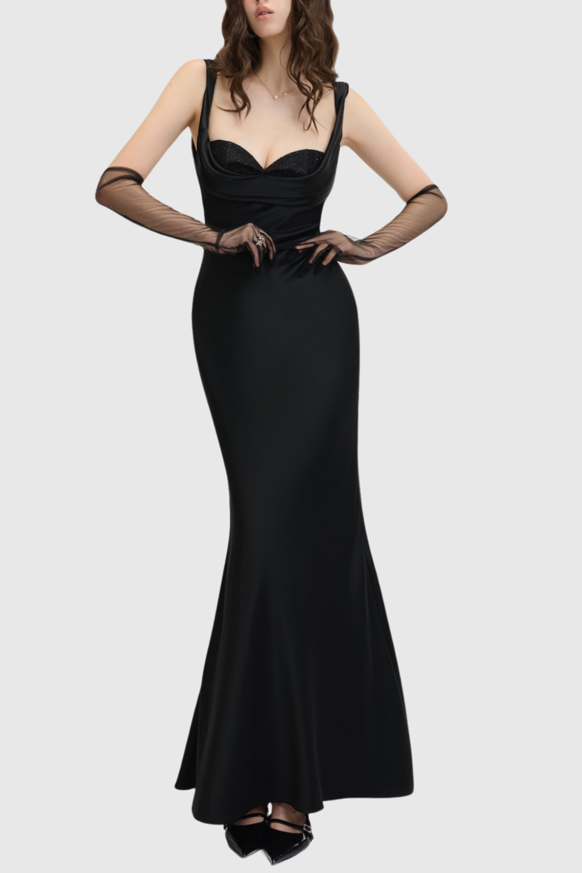 Porao Satin Draped Maxi Dress - Black
