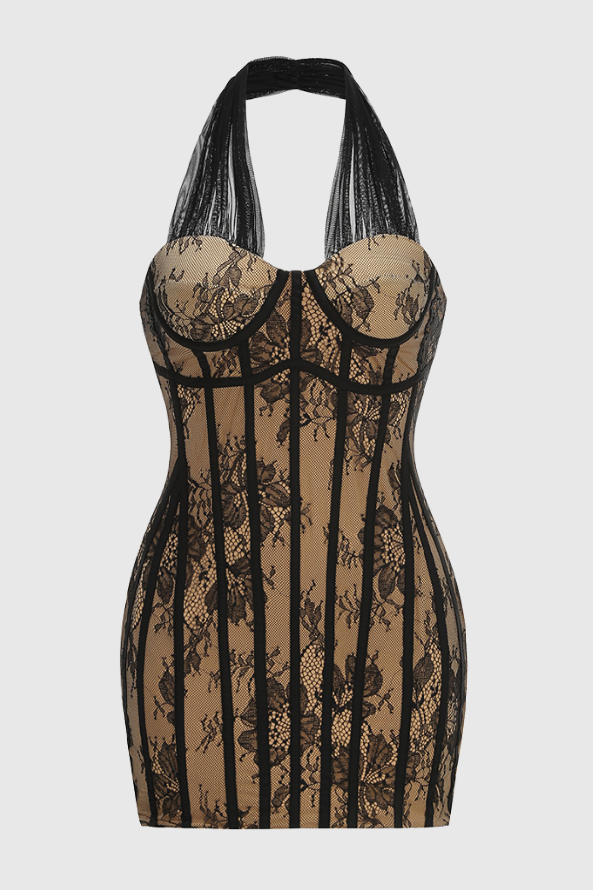 Prethia Halter Lace Corset Mini Dress - Black