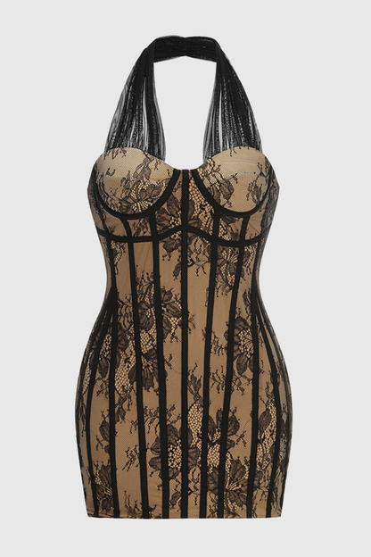 Prethia Halter Lace Corset Mini Dress - Black