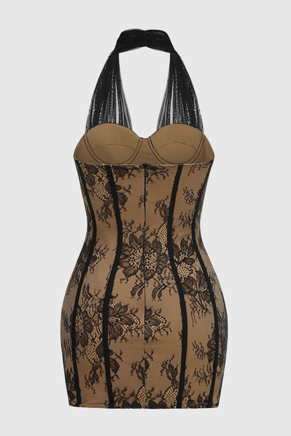 Prethia Halter Lace Corset Mini Dress - Black