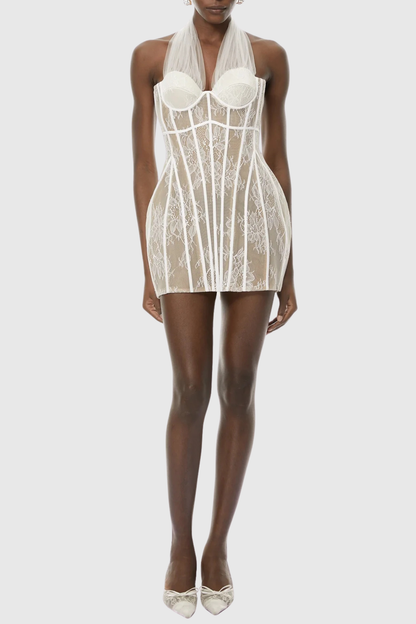 Prethia Halter Lace Corset Mini Dress - White