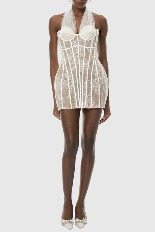 Prethia Halter Lace Corset Mini Dress - White