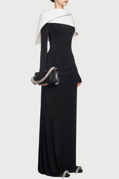 Priora Asymmetric Shawl Ruched Maxi Dress - Black