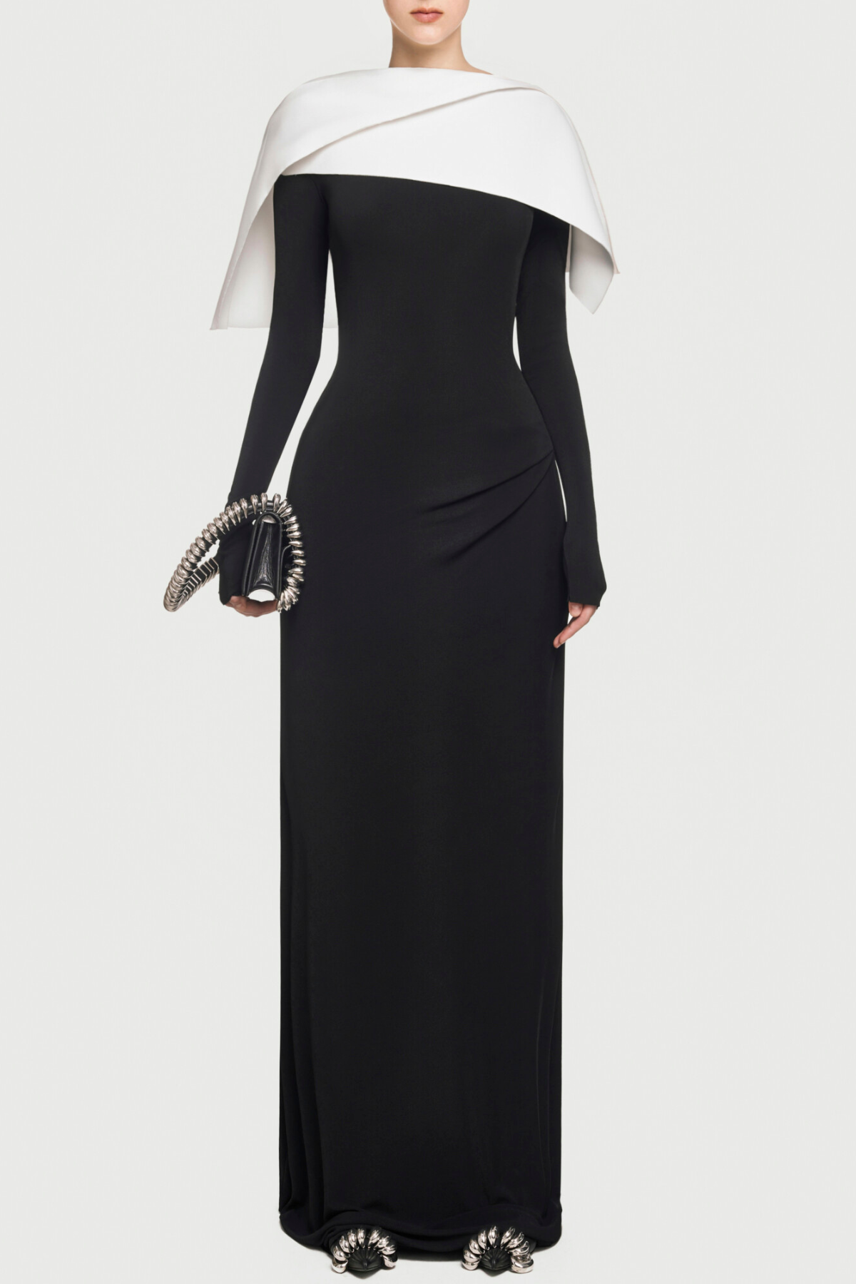 Priora Asymmetric Shawl Ruched Maxi Dress - Black