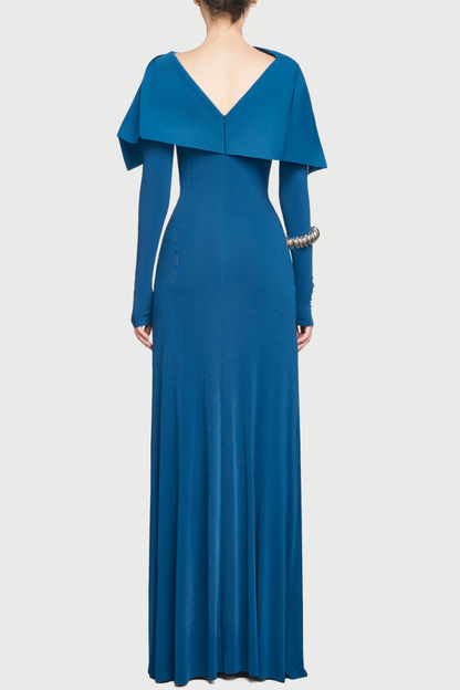 Priora Asymmetric Shawl Ruched Maxi Dress - Blue