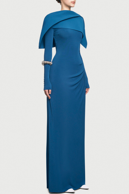 Priora Asymmetric Shawl Ruched Maxi Dress - Blue
