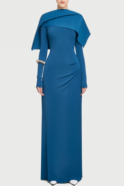 Priora Asymmetric Shawl Ruched Maxi Dress - Blue