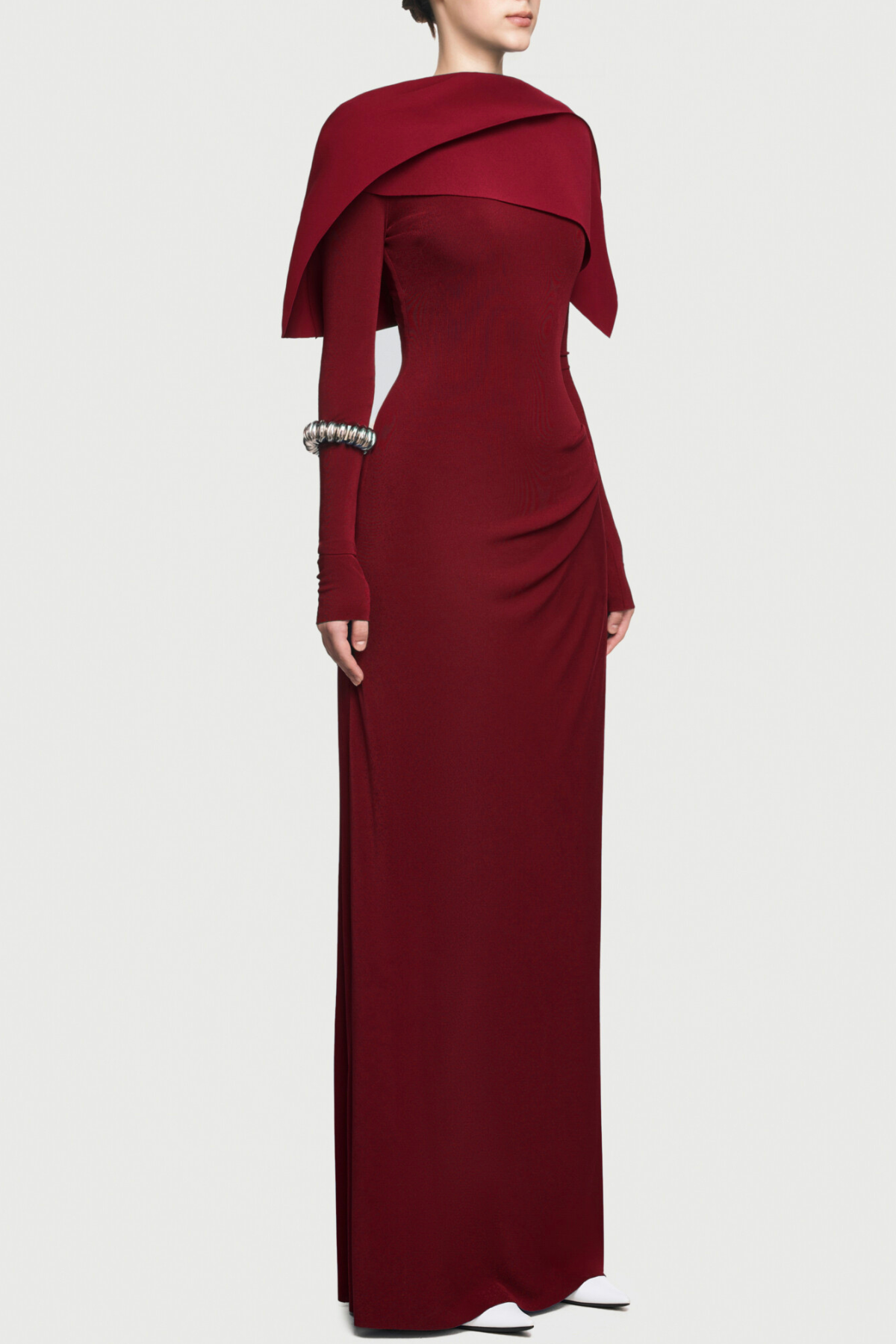 Priora Asymmetric Shawl Ruched Maxi Dress - Wine