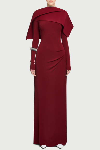 Priora Asymmetric Shawl Ruched Maxi Dress - Wine