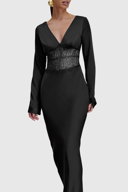 Priyal Lace Satin Maxi Dress - Black