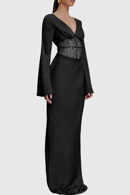 Priyal Lace Satin Maxi Dress - Black