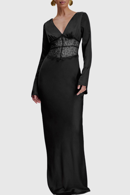 Priyal Lace Satin Maxi Dress - Black