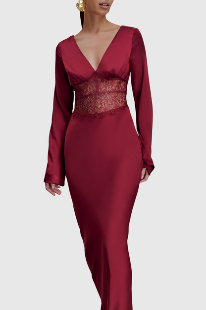 Priyal Lace Satin Maxi Dress - Wine