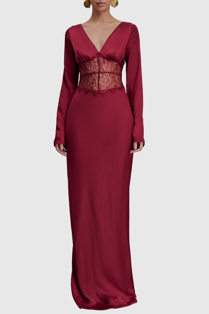Priyal Lace Satin Maxi Dress - Wine