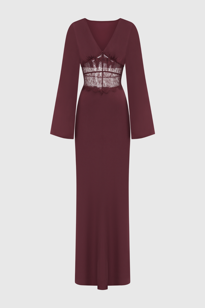 Priyal Lace Satin Maxi Dress - Wine