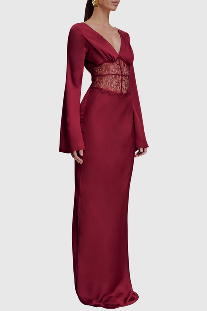 Priyal Lace Satin Maxi Dress - Wine